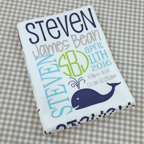 Personalized Baby Name Blanket - Classic Design with Preppy Whale & Stats
